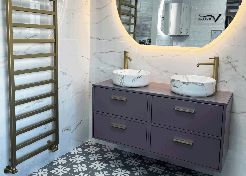 Stylish Gold-Pink Bathroom Set Featuring Elegant Wash Basins