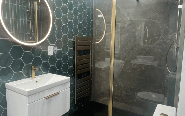 Stylish Green Bathroom with Hexagon Tiles